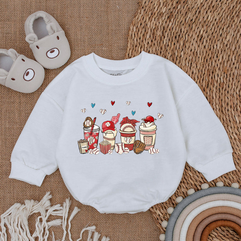 Baseball Snacks Baby Bubble Romper with Cute Popcorn and Soda Graphic, Short Sleeve Infant Outfit for Game Day or Baby Shower Gift