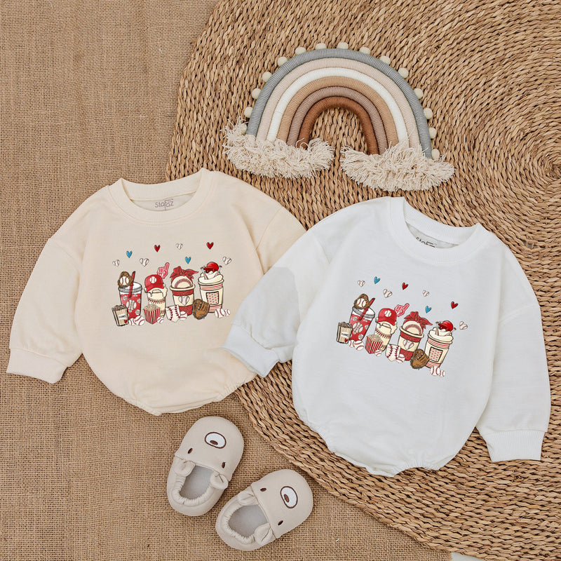 Baseball Snacks Baby Bubble Romper with Cute Popcorn and Soda Graphic, Short Sleeve Infant Outfit for Game Day or Baby Shower Gift