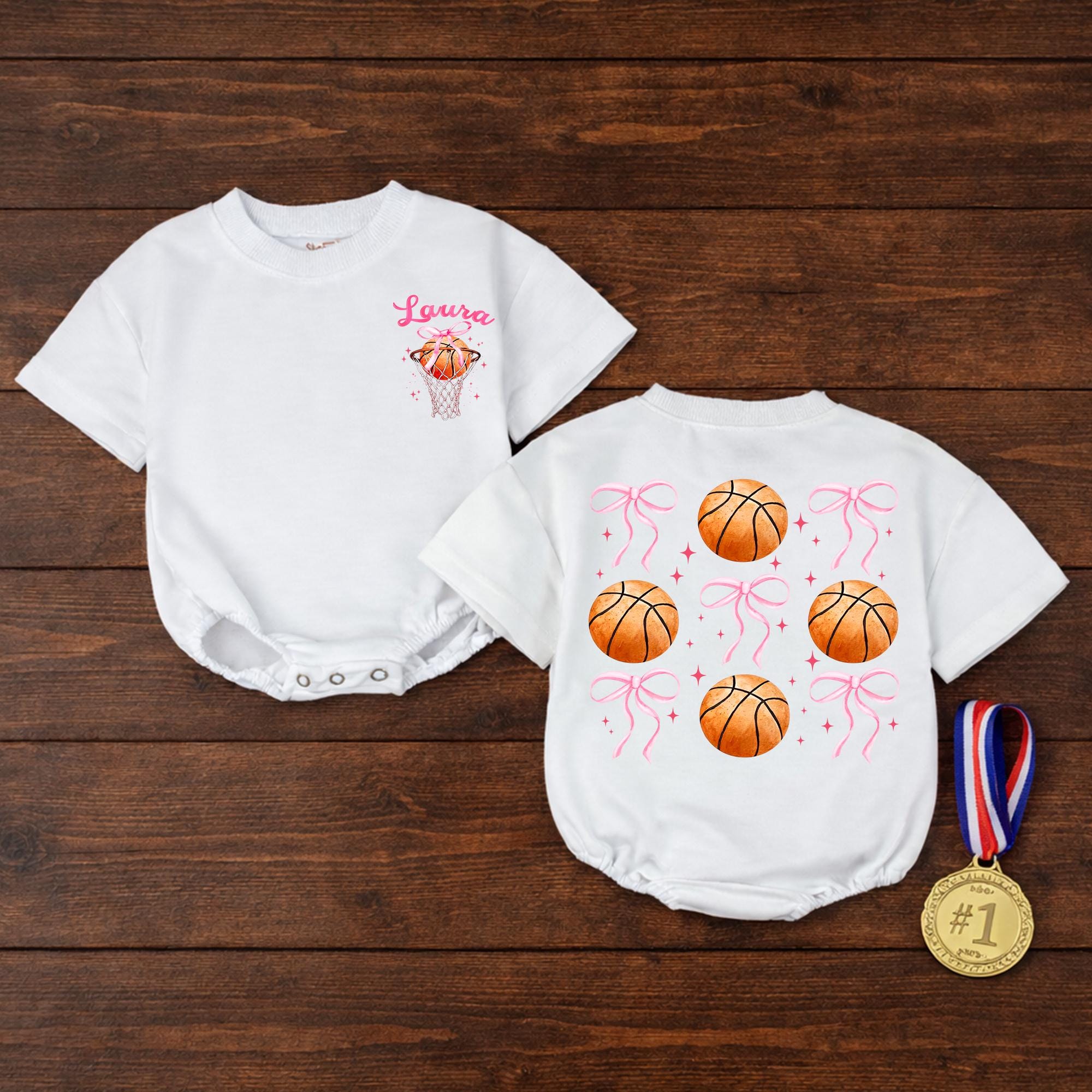 Basketball Baby Girl Bubble Romper with Custom Name, Pink Game Day Outfit for Infants, Sports-Themed Birthday or Baby Shower Gift