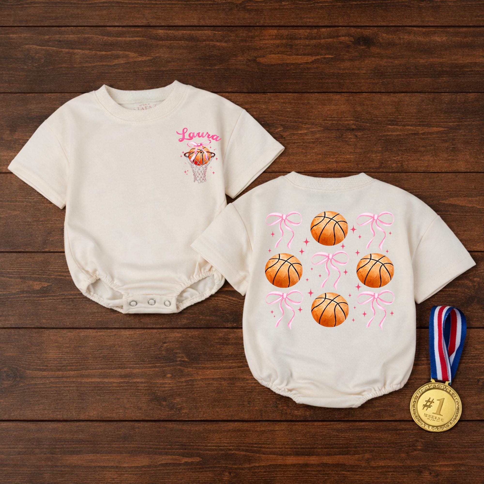 Basketball Baby Girl Bubble Romper with Custom Name, Pink Game Day Outfit for Infants, Sports-Themed Birthday or Baby Shower Gift