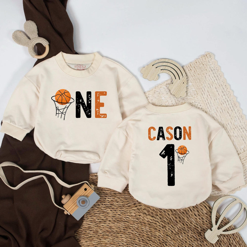 Basketball First Birthday Baby Romper Personalized One Outfit Custom Name Bodysuit Cake Smash Gift for Baby Boy Sports-Themed Party