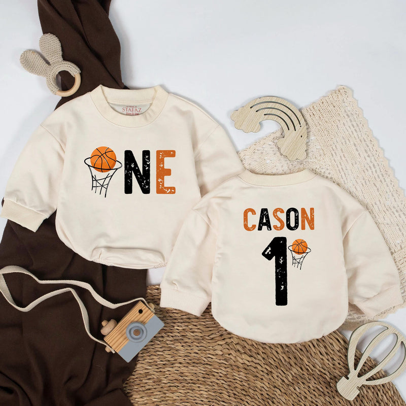 Basketball First Birthday Baby Romper Personalized One Outfit Custom Name Bodysuit Cake Smash Gift for Baby Boy Sports-Themed Party