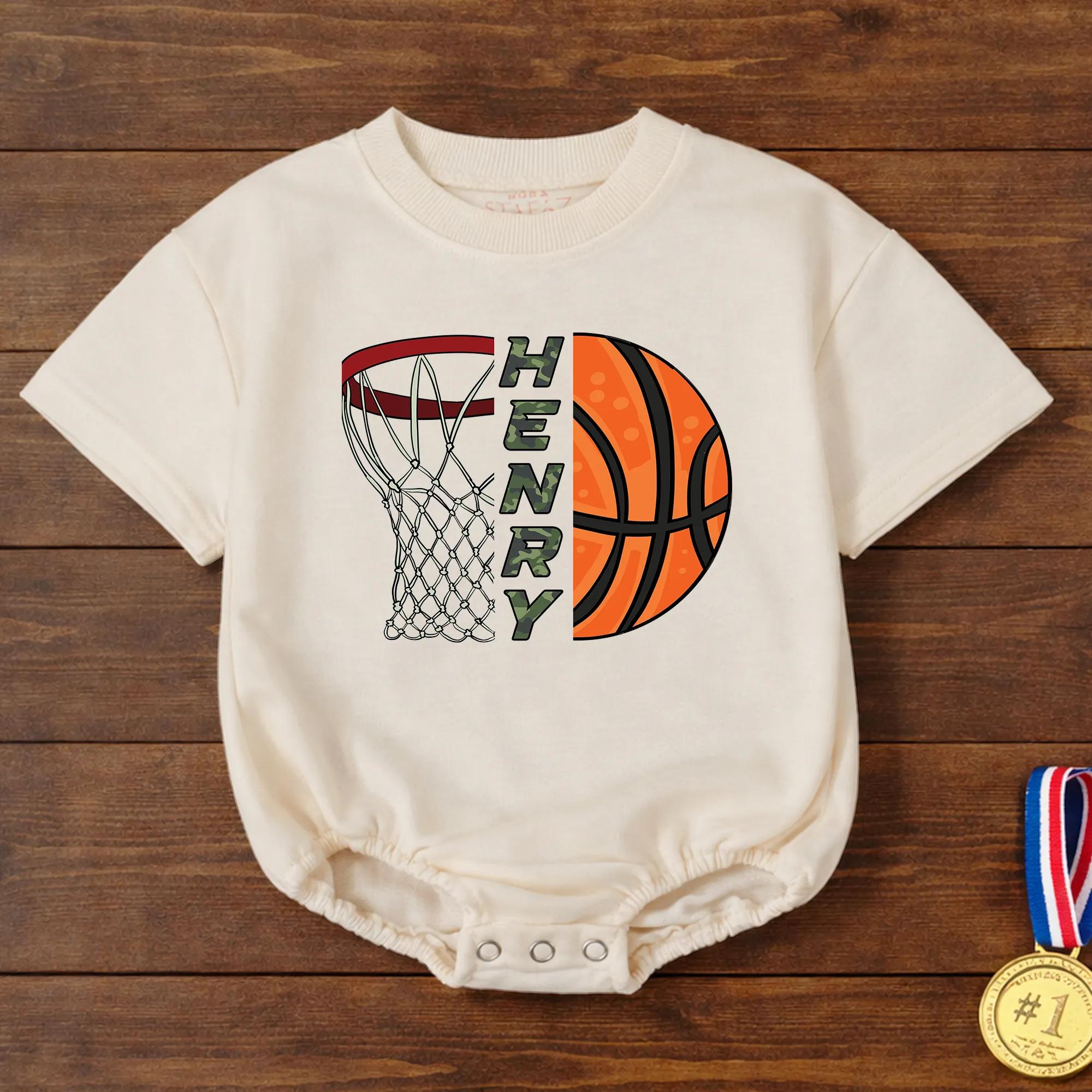 Basketball Hoop Baby Romper with Custom Name, Sports Theme Infant Outfit, Game Day Baby Gift, Personalized Basketball Romper