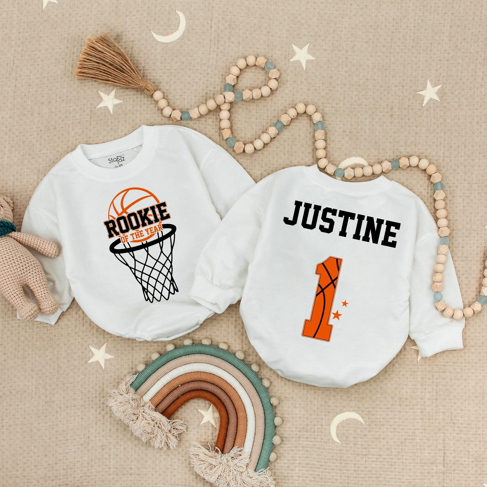 Basketball Rookie of the Year Romper for Baby's First Birthday Custom Name Justine Fun Sporty Outfit Soft Comfortable Cotton