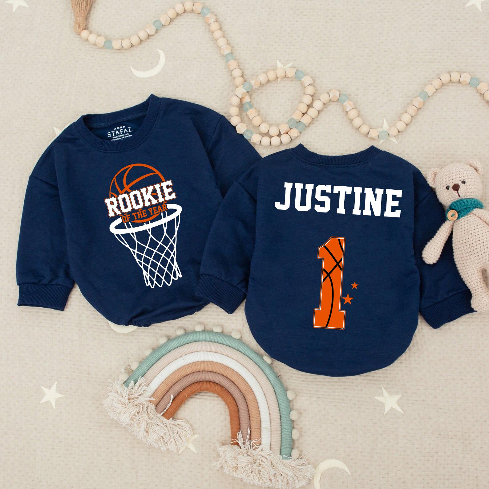 Basketball Rookie of the Year Romper for Baby's First Birthday Custom Name Justine Fun Sporty Outfit Soft Comfortable Cotton