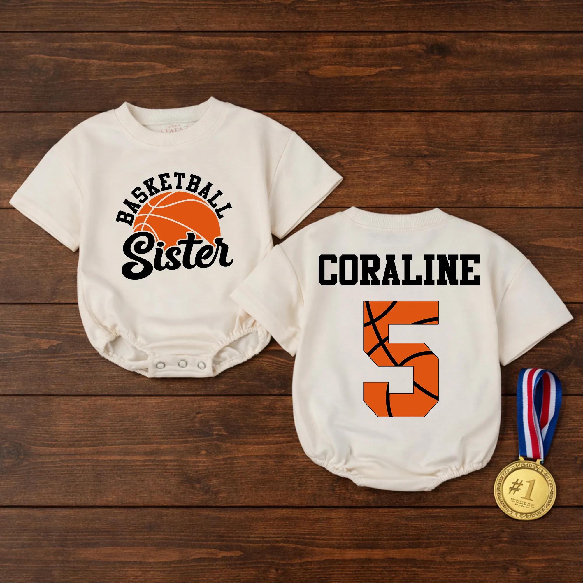 Basketball Sister Baby Romper with Custom Name & Number, Sports Fan Outfit for Little Sister, Game Day Toddler Gift