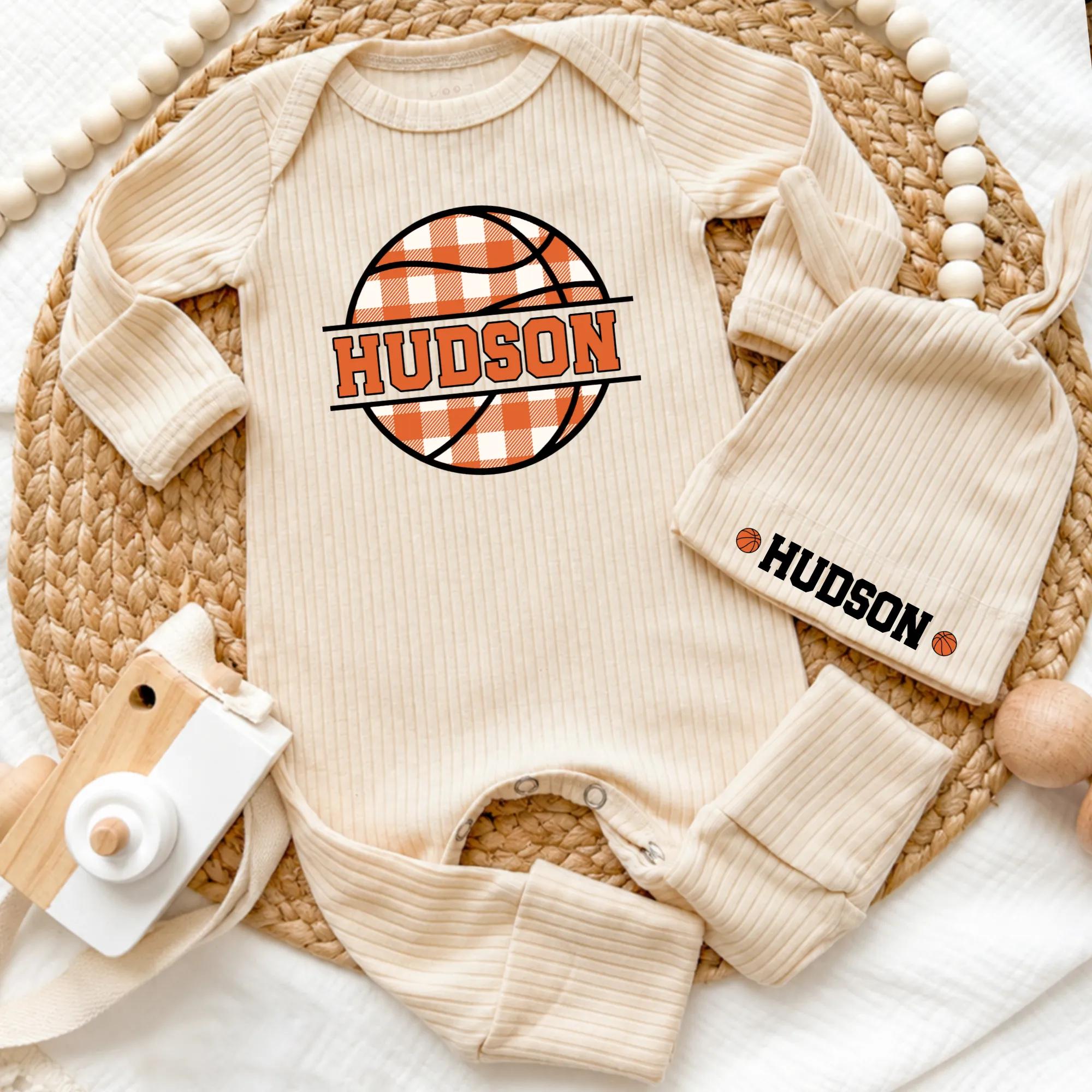 Basketball Theme Baby Bodysuit with Matching Hat, Custom Name Newborn Outfit, Beige Ribbed Coming Home Set for Baby Boys