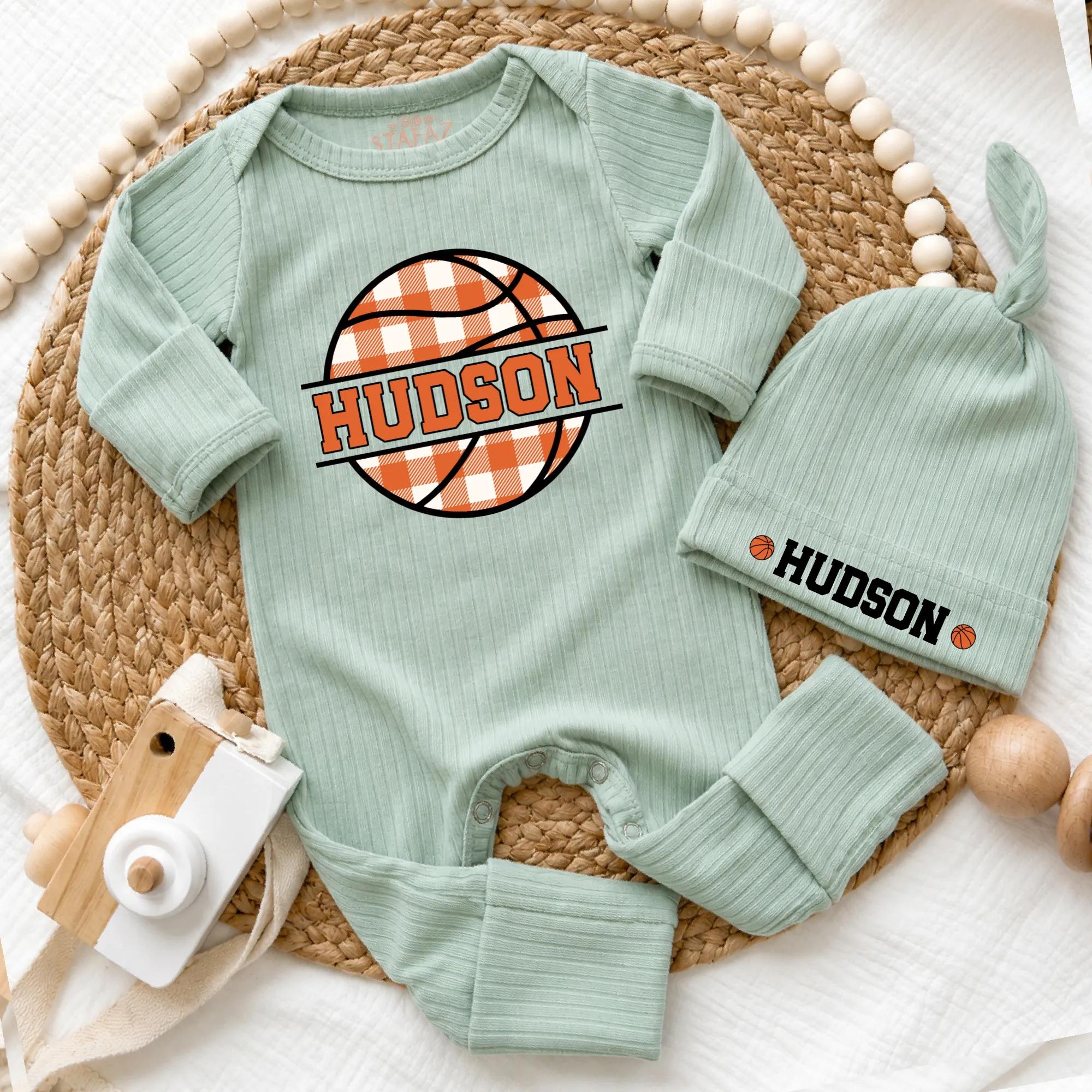 Basketball Theme Baby Bodysuit with Matching Hat, Custom Name Newborn Outfit, Beige Ribbed Coming Home Set for Baby Boys