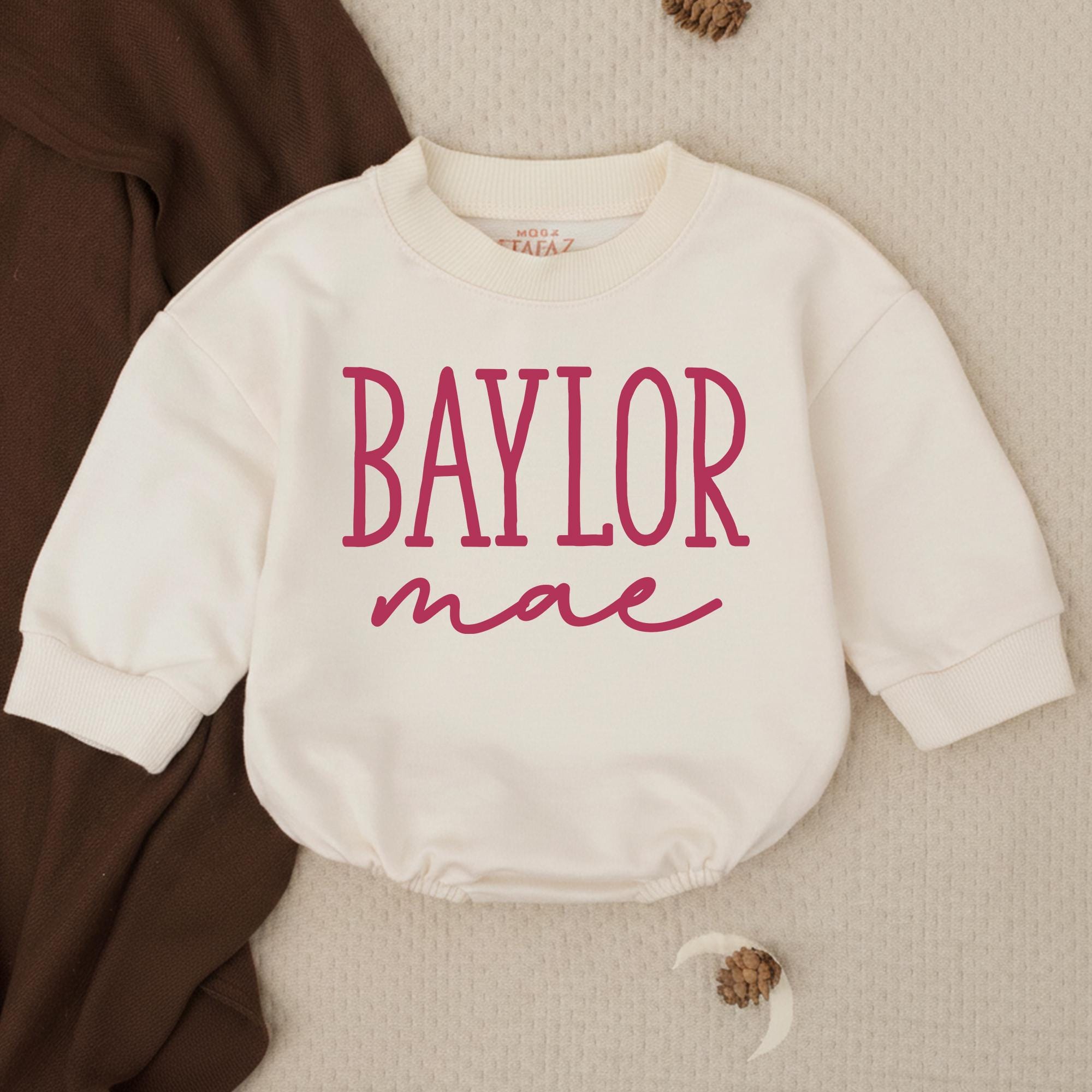 Baylor Mae Baby Girl Bubble Romper with Custom Name, Soft Cream Long-Sleeve Outfit, Newborn Baby Shower Gift, Toddler Girl Clothes
