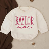 Baylor Mae Baby Girl Bubble Romper with Custom Name, Soft Cream Long-Sleeve Outfit, Newborn Baby Shower Gift, Toddler Girl Clothes