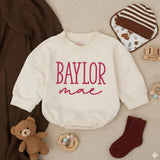 Baylor Mae Baby Girl Bubble Romper with Custom Name, Soft Cream Long-Sleeve Outfit, Newborn Baby Shower Gift, Toddler Girl Clothes