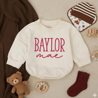 Baylor Mae Baby Girl Bubble Romper with Custom Name, Soft Cream Long-Sleeve Outfit, Newborn Baby Shower Gift, Toddler Girl Clothes