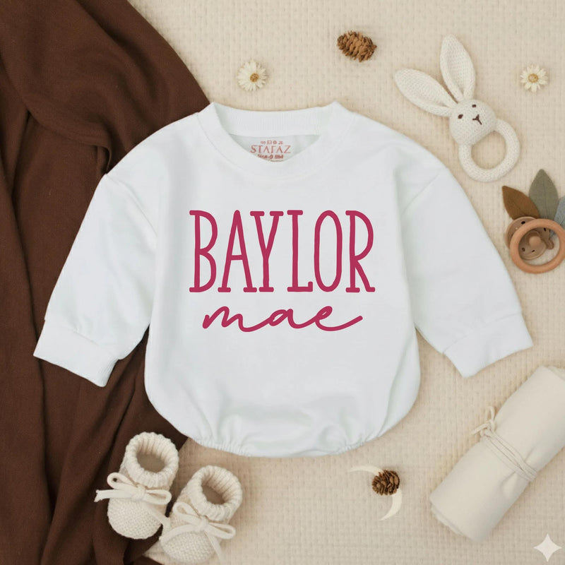 Baylor Mae Baby Girl Bubble Romper with Custom Name, Soft Cream Long-Sleeve Outfit, Newborn Baby Shower Gift, Toddler Girl Clothes