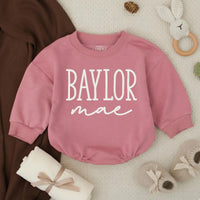 Baylor Mae Baby Girl Bubble Romper with Custom Name, Soft Cream Long-Sleeve Outfit, Newborn Baby Shower Gift, Toddler Girl Clothes