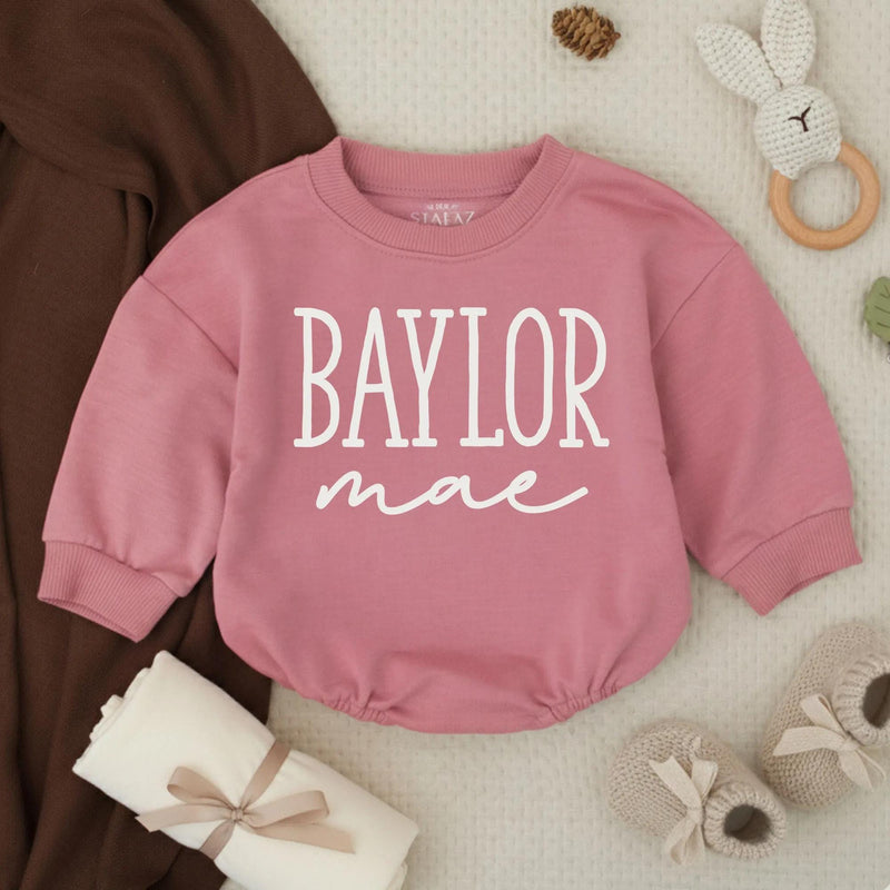 Baylor Mae Baby Girl Bubble Romper with Custom Name, Soft Cream Long-Sleeve Outfit, Newborn Baby Shower Gift, Toddler Girl Clothes