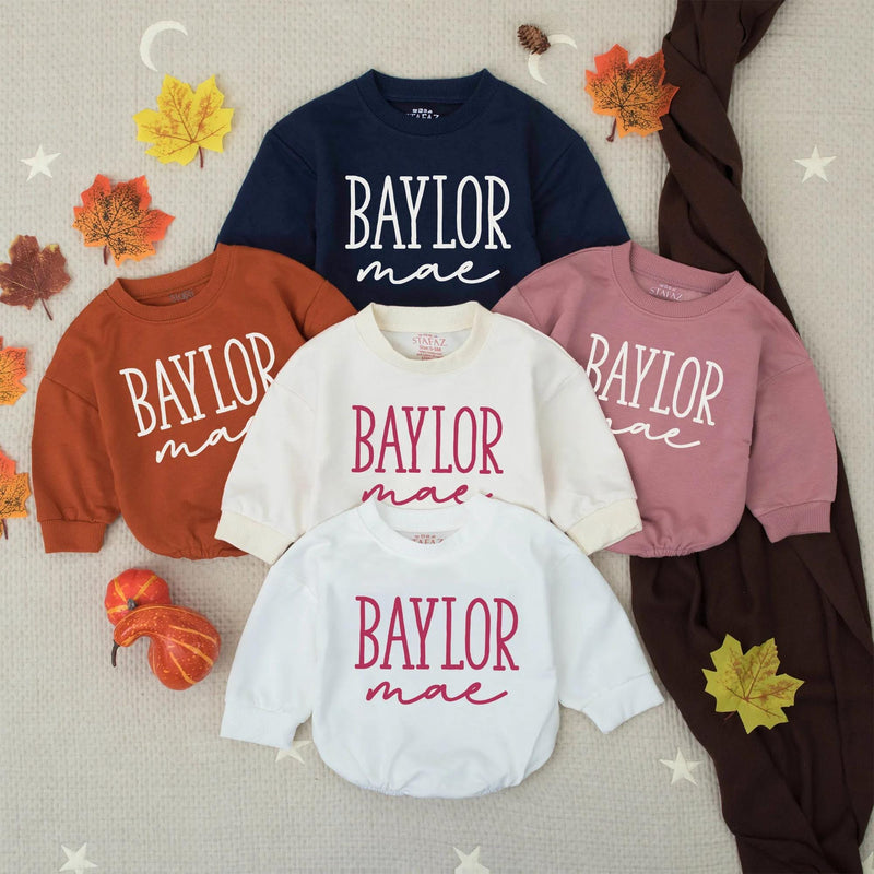 Baylor Mae Baby Girl Bubble Romper with Custom Name, Soft Cream Long-Sleeve Outfit, Newborn Baby Shower Gift, Toddler Girl Clothes