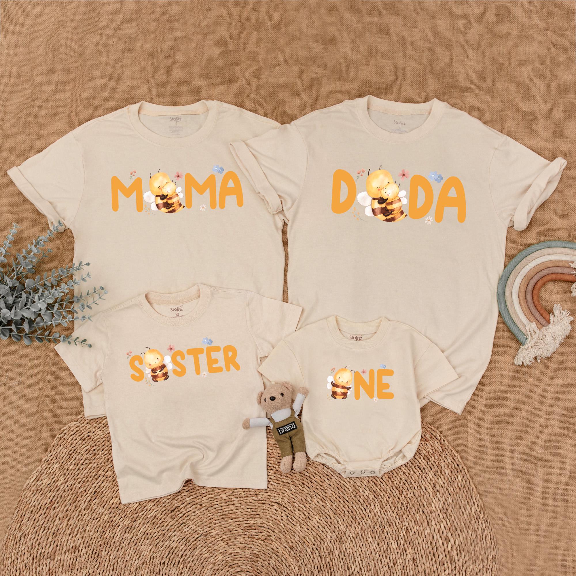 Bee Family Birthday Shirts with Cute Bee Design Matching Outfit First Birthday Girl Romper Soft Cotton Personalized Names Bright Orange