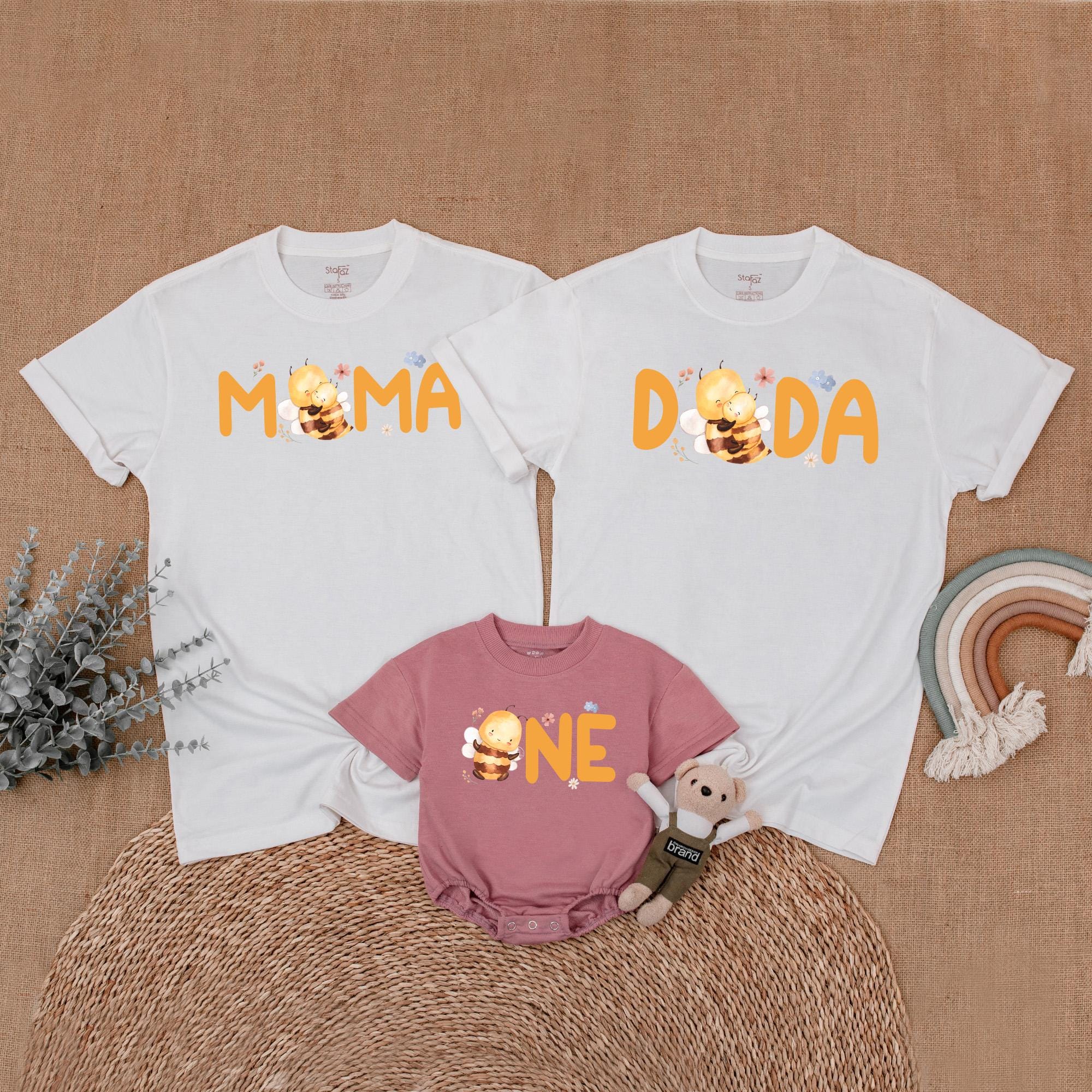 Bee Family Birthday Shirts with Cute Bee Design Matching Outfit First Birthday Girl Romper Soft Cotton Personalized Names Bright Orange