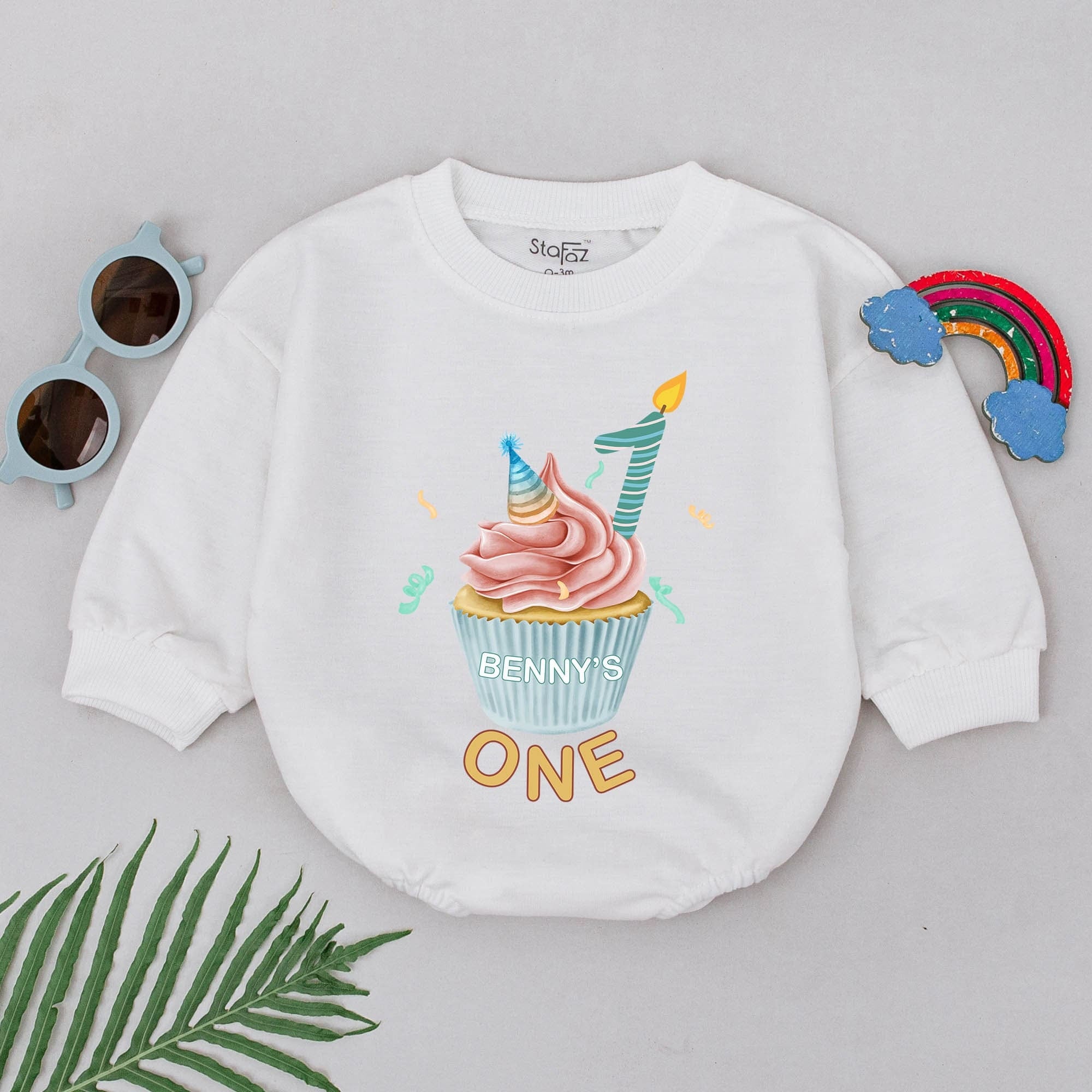 Benny's One Personalized Cupcake Birthday Romper Soft Cotton First Birthday Outfit Baby Boy Girl Celebration Gift Teal Pink Design