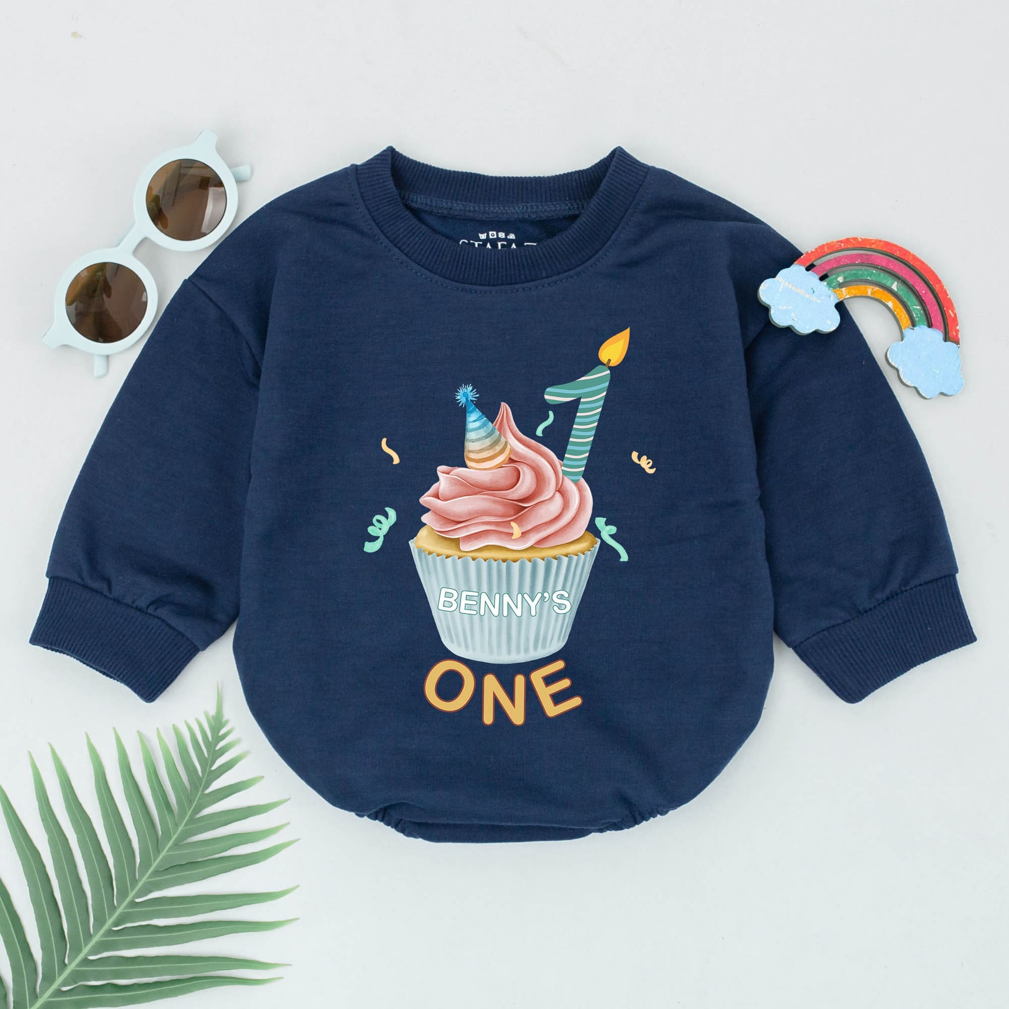 Benny's One Personalized Cupcake Birthday Romper Soft Cotton First Birthday Outfit Baby Boy Girl Celebration Gift Teal Pink Design