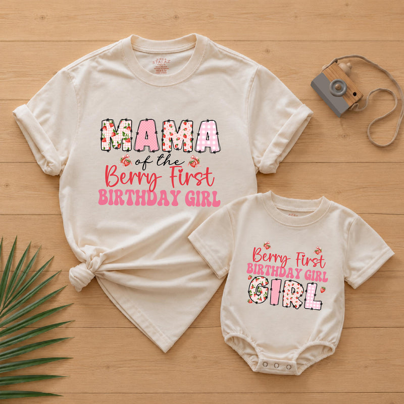 Berry First Birthday Family Matching Shirts with Floral Strawberry Design, Personalized Name for 1st Birthday Celebration
