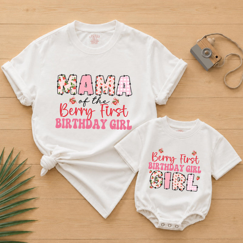 Berry First Birthday Family Matching Shirts with Floral Strawberry Design, Personalized Name for 1st Birthday Celebration