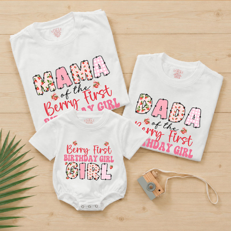 Berry First Birthday Family Matching Shirts with Floral Strawberry Design, Personalized Name for 1st Birthday Celebration