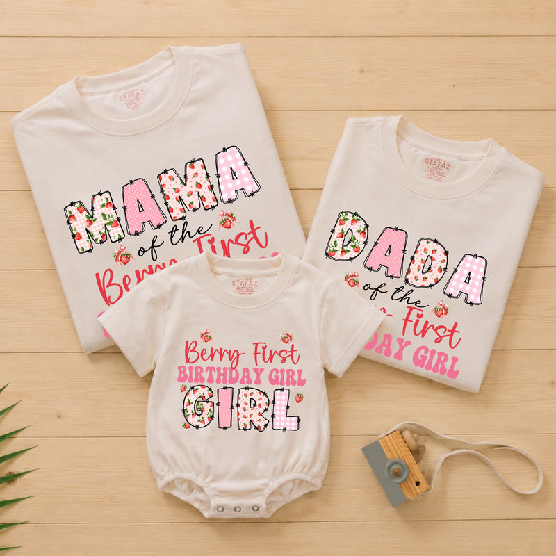Berry First Birthday Family Matching Shirts with Floral Strawberry Design, Personalized Name for 1st Birthday Celebration
