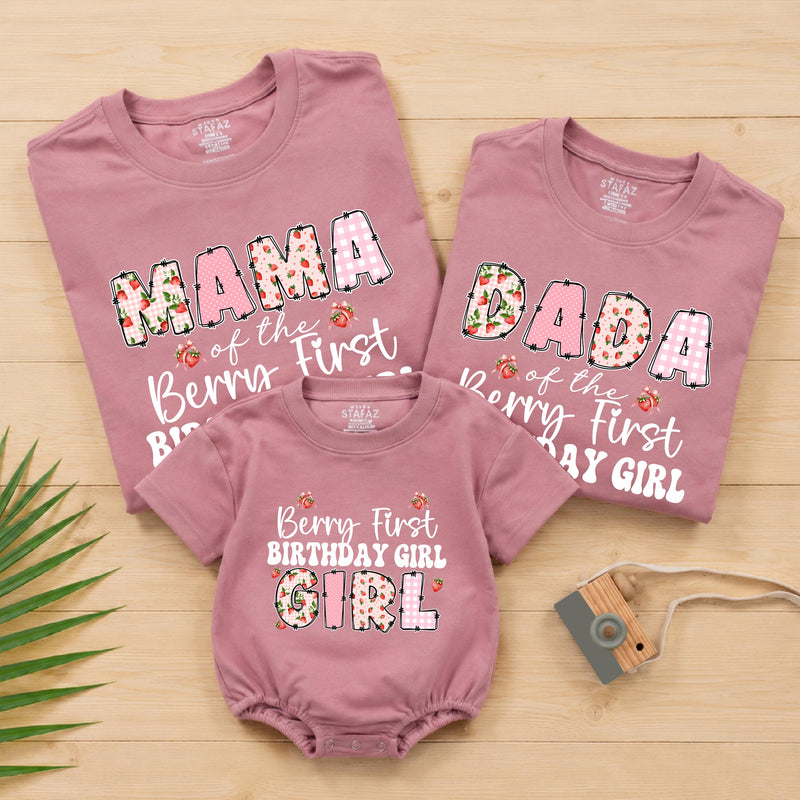 Berry First Birthday Family Matching Shirts with Floral Strawberry Design, Personalized Name for 1st Birthday Celebration