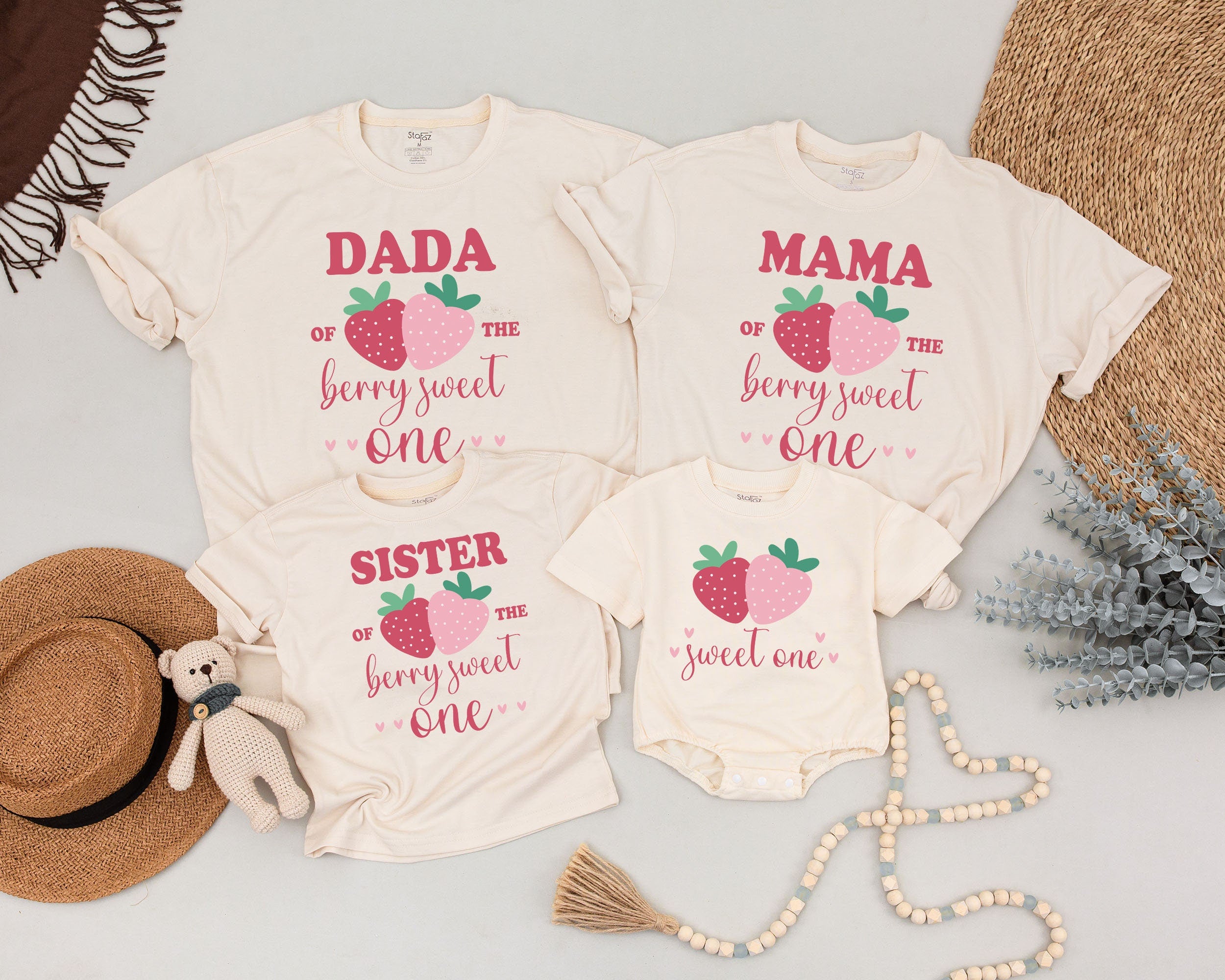 Berry First Birthday Family Shirts Sweet One Outfit for Baby Toddler Party, Strawberry Design Mommy and Me Tees Personalized Gift