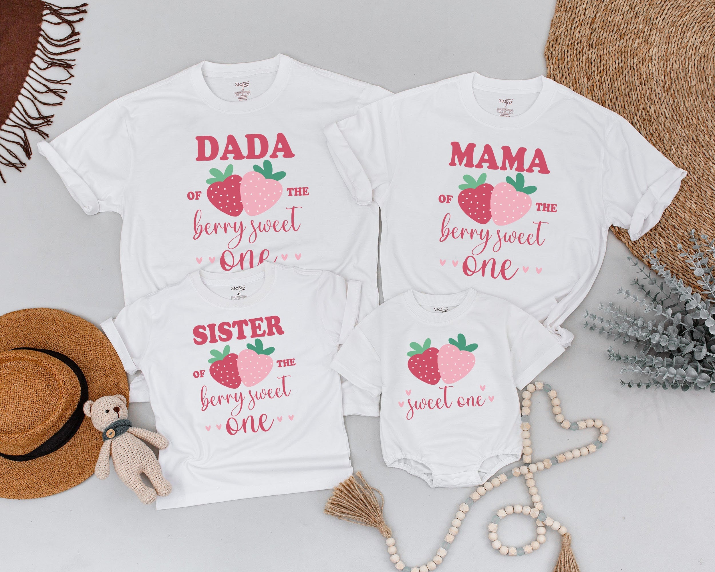 Berry First Birthday Family Shirts Sweet One Outfit for Baby Toddler Party, Strawberry Design Mommy and Me Tees Personalized Gift
