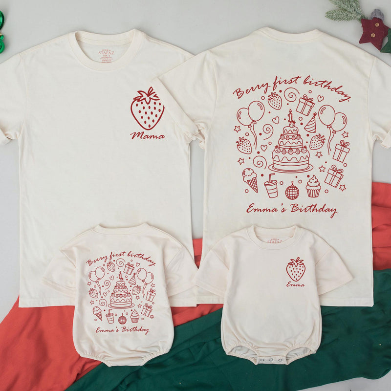 Berry First Birthday Matching Family Shirts Custom Strawberry Design Toddler Outfit Mom Dad Baby Party Tee Personalized Emma's Birthday Gift