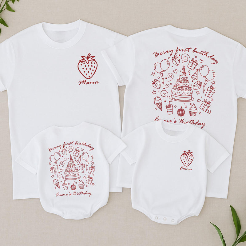 Berry First Birthday Matching Family Shirts Custom Strawberry Design Toddler Outfit Mom Dad Baby Party Tee Personalized Emma's Birthday Gift