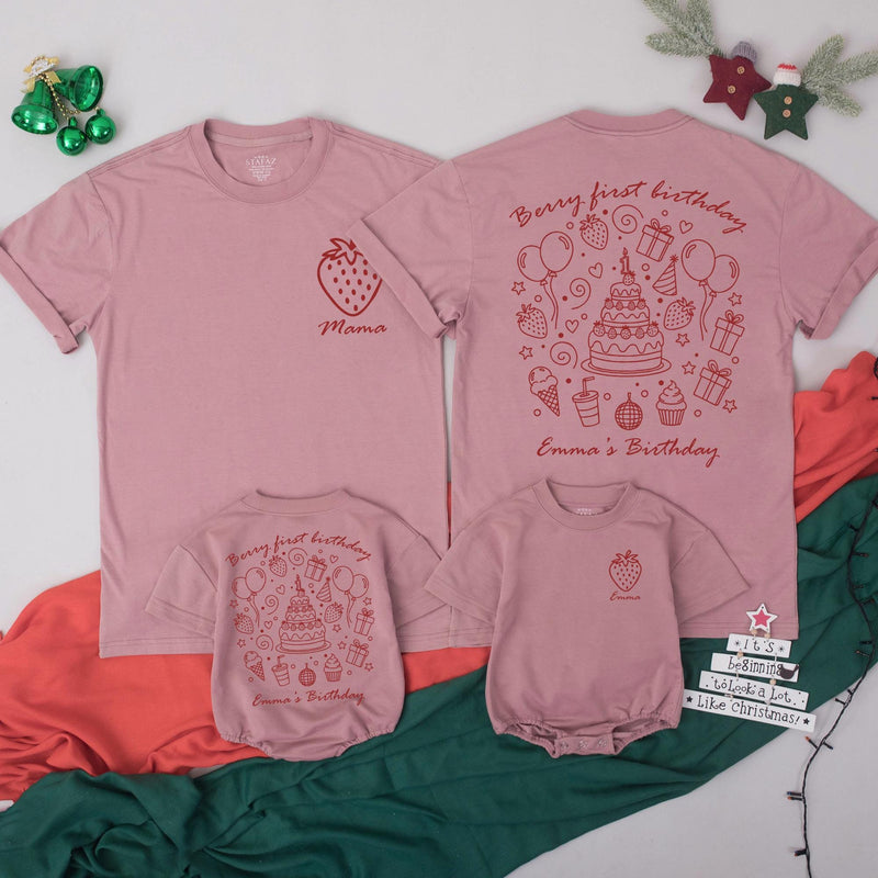 Berry First Birthday Matching Family Shirts Custom Strawberry Design Toddler Outfit Mom Dad Baby Party Tee Personalized Emma's Birthday Gift