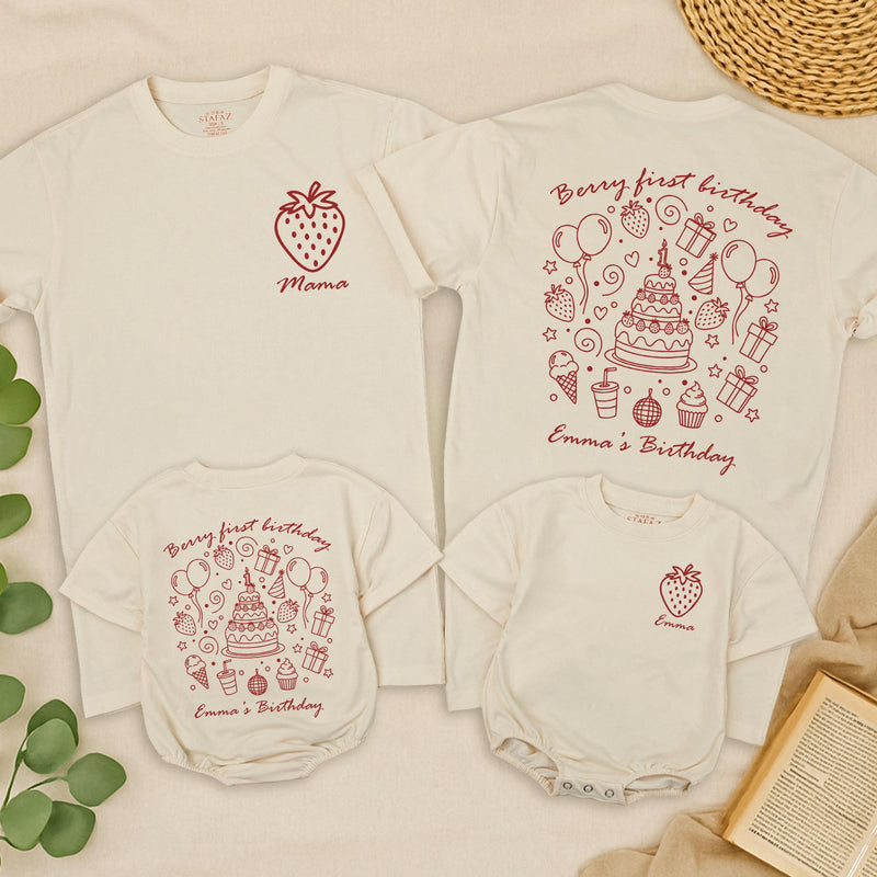 Berry First Birthday Matching Family Shirts Custom Strawberry Design Toddler Outfit Mom Dad Baby Party Tee Personalized Emma's Birthday Gift