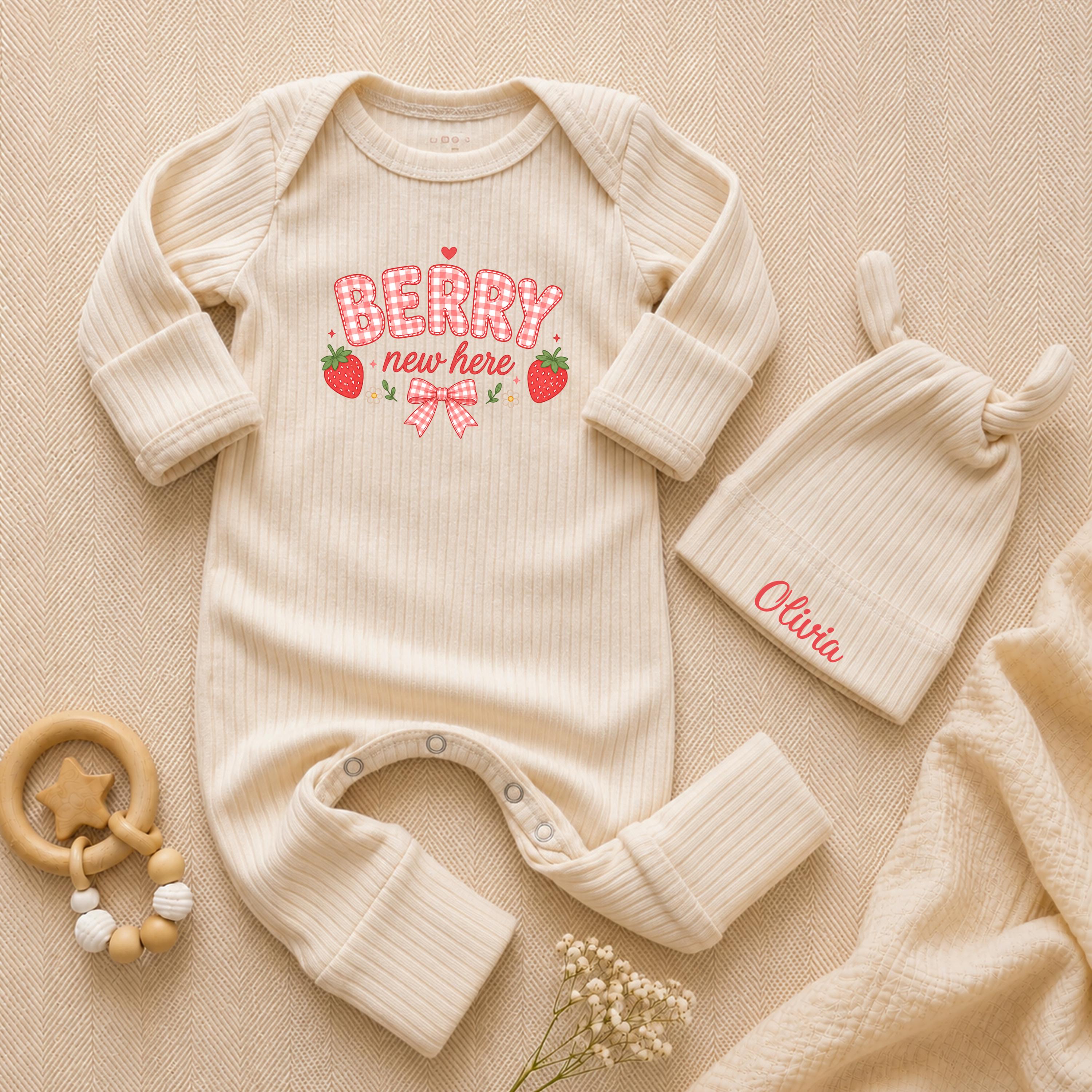 Berry New Here Baby Bodysuit and Hat Set with Custom Name, Strawberry Design Newborn Outfit, Cute Baby Shower Gift