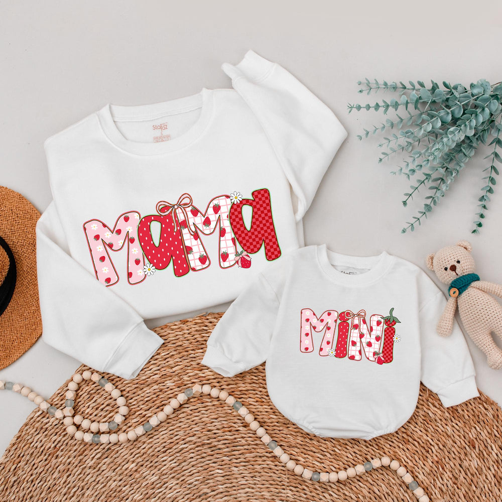 Berry Sweet Mama and Mini Matching Sweatshirts with Strawberries Gingham Polka Dots Cottagecore Aesthetic Mommy and Baby Girl Outfits