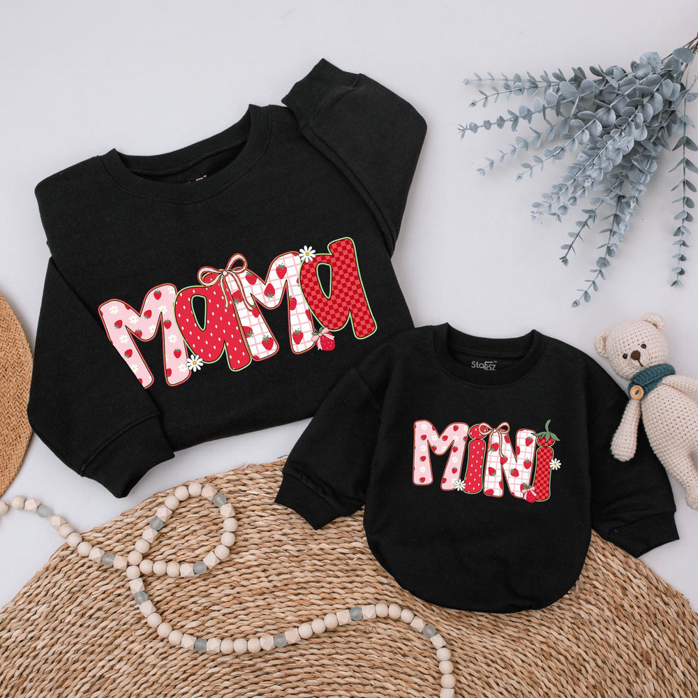 Berry Sweet Mama and Mini Matching Sweatshirts with Strawberries Gingham Polka Dots Cottagecore Aesthetic Mommy and Baby Girl Outfits