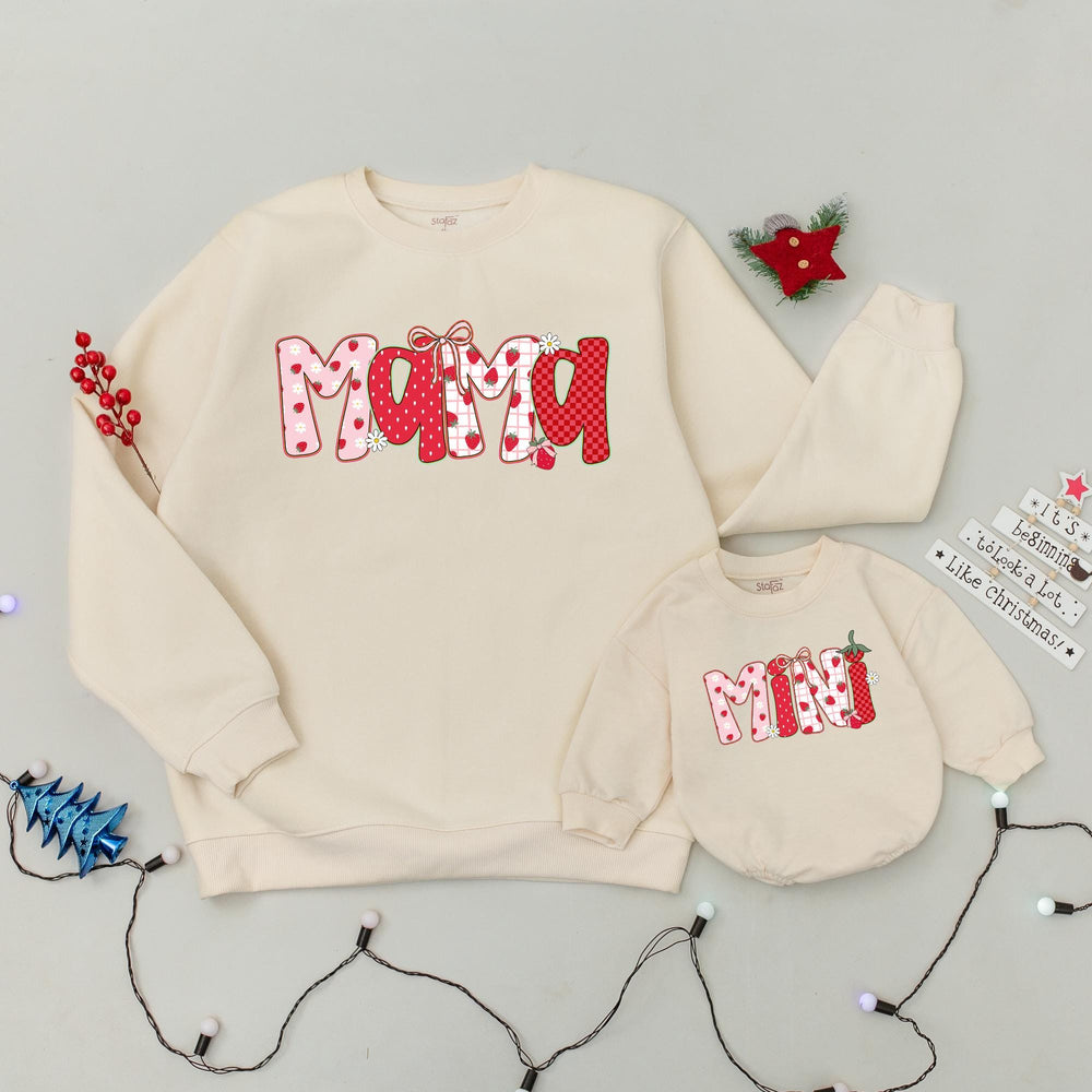 Berry Sweet Mama and Mini Matching Sweatshirts with Strawberries Gingham Polka Dots Cottagecore Aesthetic Mommy and Baby Girl Outfits