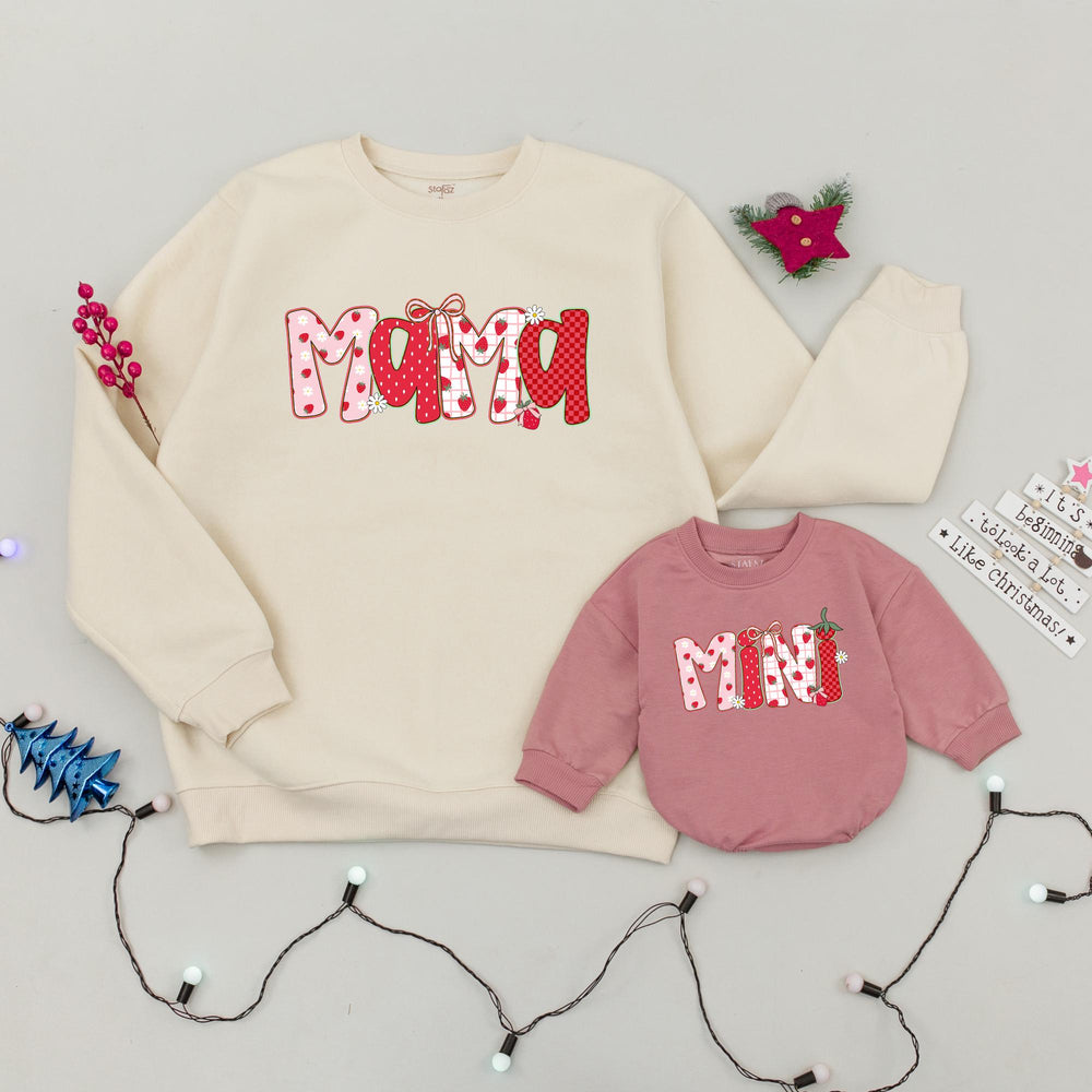 Berry Sweet Mama and Mini Matching Sweatshirts with Strawberries Gingham Polka Dots Cottagecore Aesthetic Mommy and Baby Girl Outfits