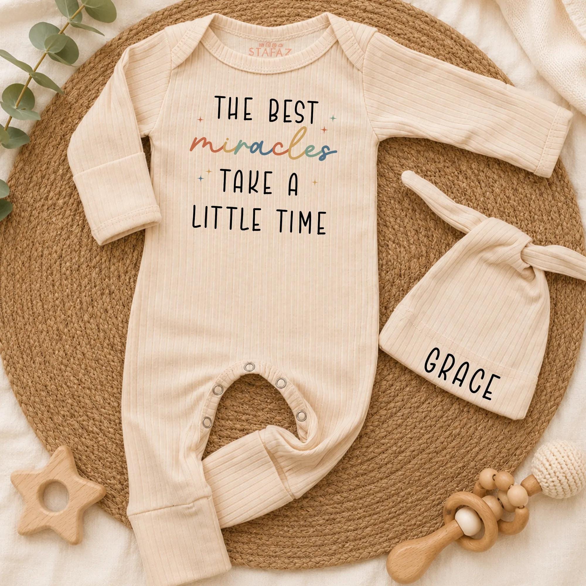 The Best Miracles Take a Little Time Baby Romper with Custom Name Hat, Neutral Newborn Outfit, Baby Shower Gift Idea