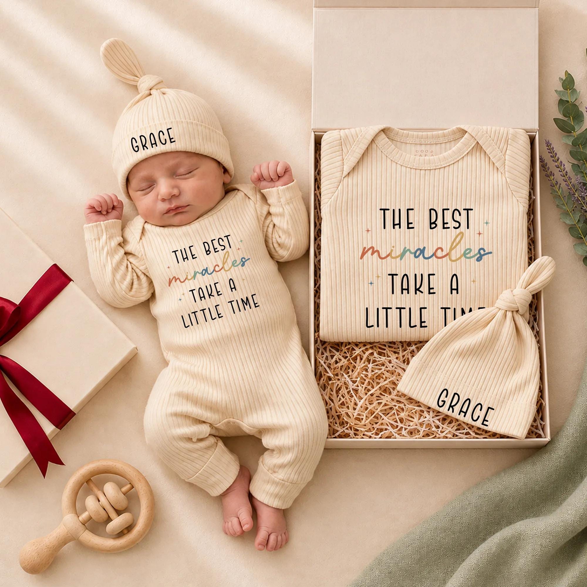 The Best Miracles Take a Little Time Baby Romper with Custom Name Hat, Neutral Newborn Outfit, Baby Shower Gift Idea
