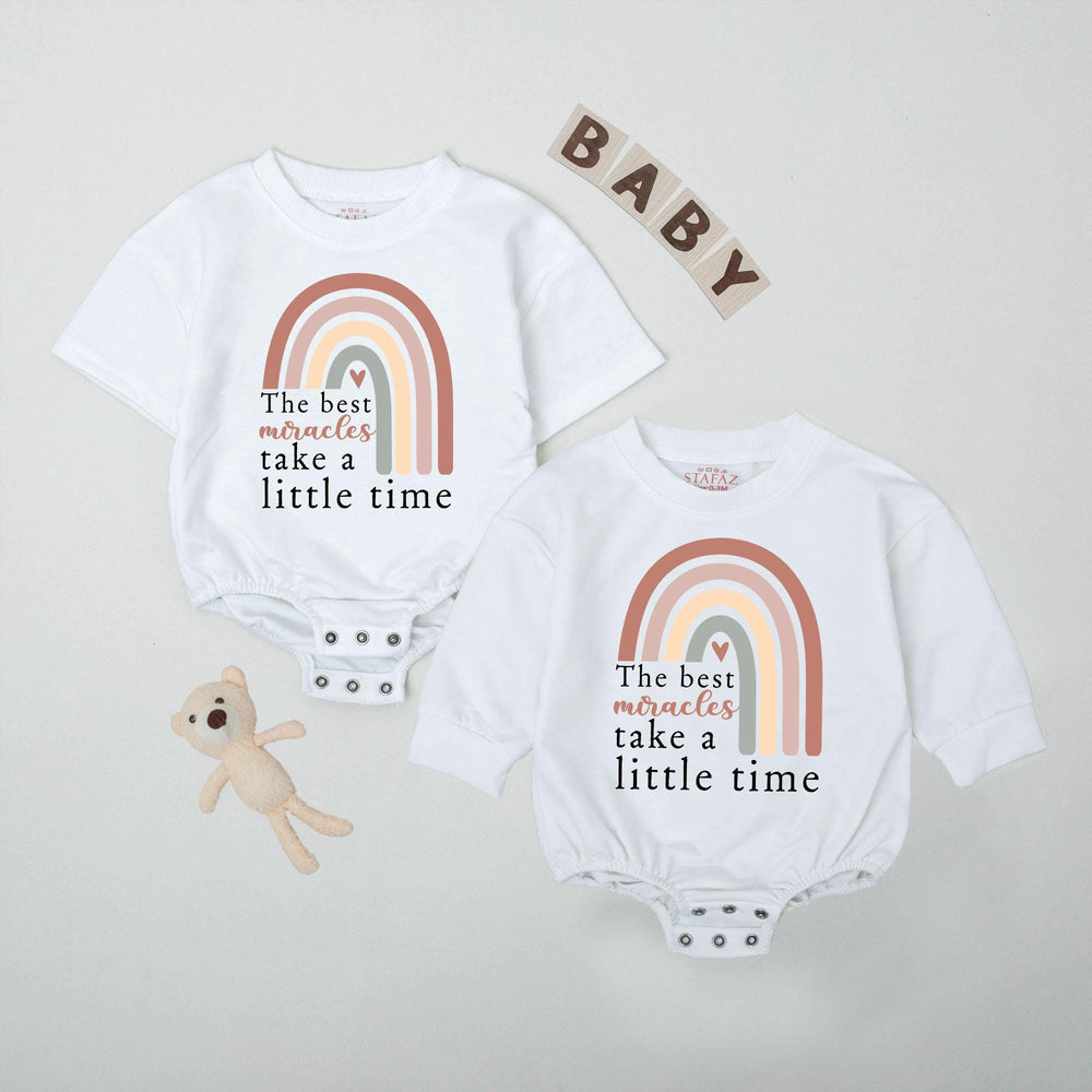 The Best Miracles Take a Little Time Baby Romper with Rainbow Graphic, IVF Bodysuit Soft Cotton Outfit for Infant, Gift for Rainbow Baby