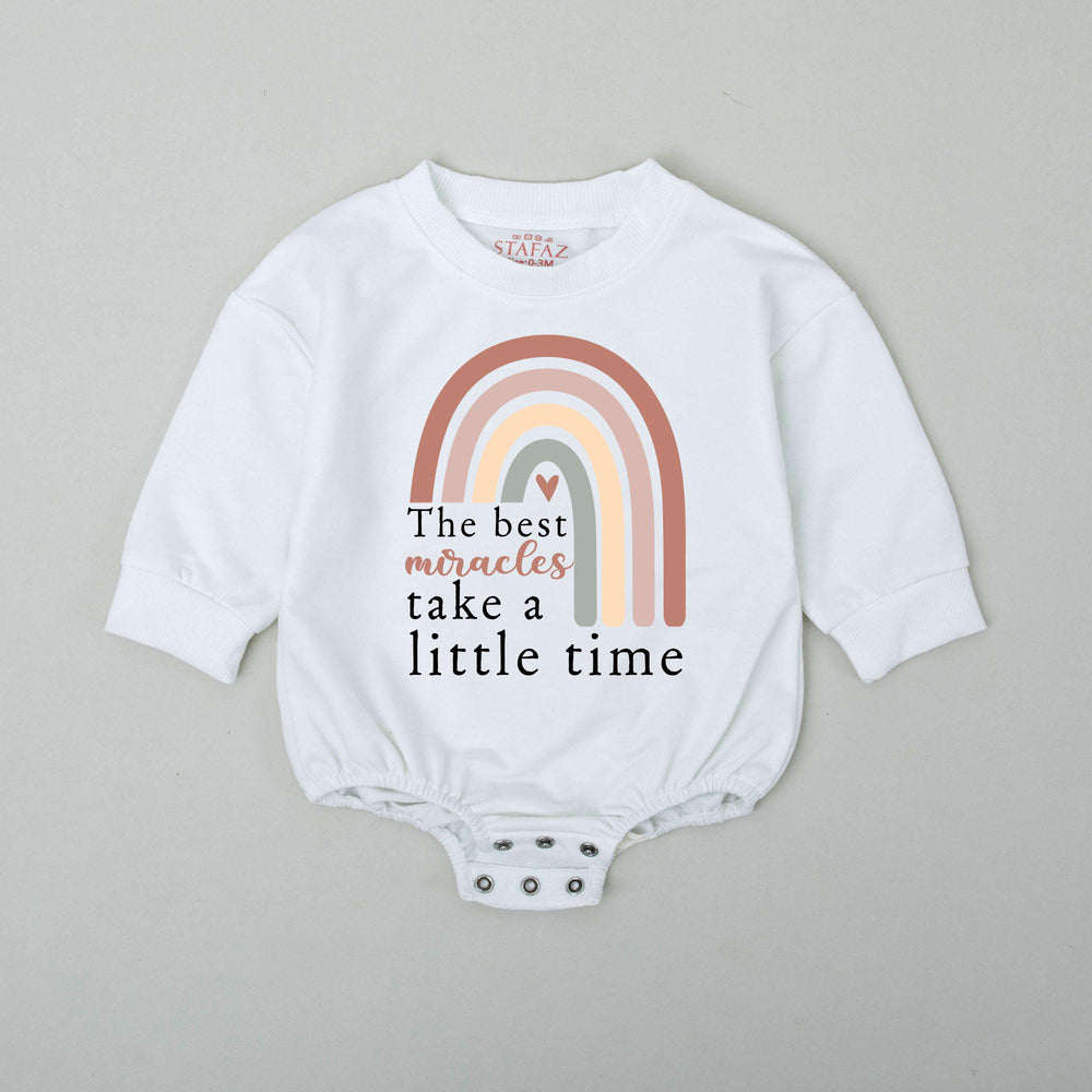 The Best Miracles Take a Little Time Baby Romper with Rainbow Graphic, IVF Bodysuit Soft Cotton Outfit for Infant, Gift for Rainbow Baby