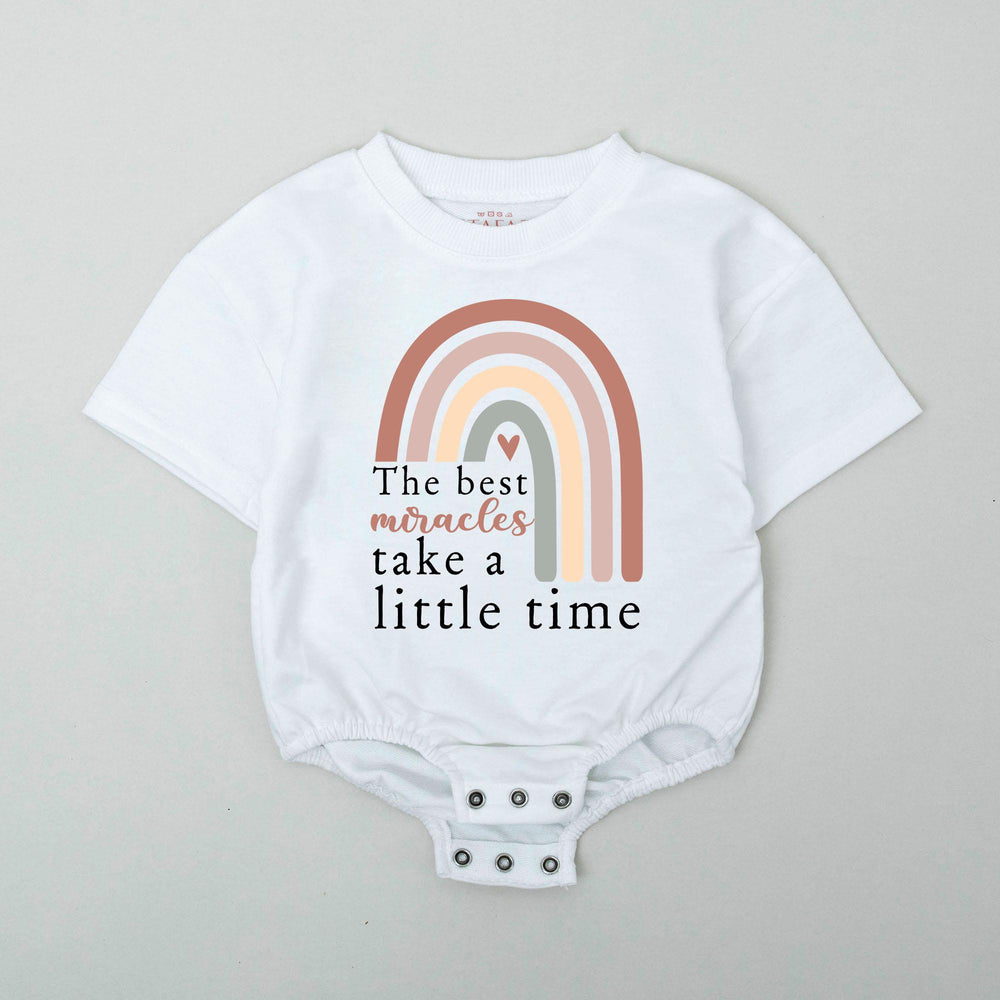The Best Miracles Take a Little Time Baby Romper with Rainbow Graphic, IVF Bodysuit Soft Cotton Outfit for Infant, Gift for Rainbow Baby