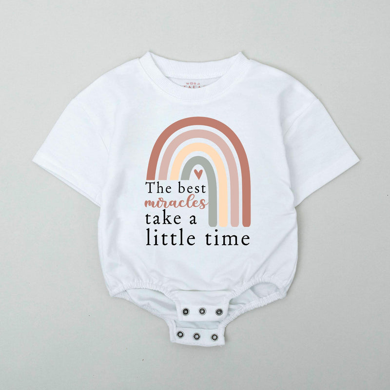 The Best Miracles Take a Little Time Baby Romper with Rainbow Graphic, IVF Bodysuit Soft Cotton Outfit for Infant, Gift for Rainbow Baby