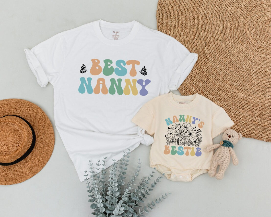 Best Nanny Nanny's Bestie Matching Shirts Colorful Design Baby Outfit Grandma Gift Mommy and Me Wear Soft Cotton Heart Graphics