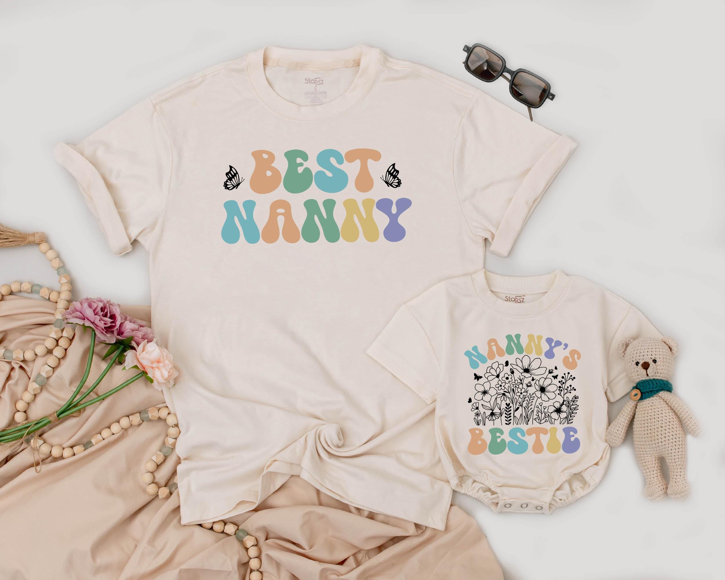 Best Nanny Nanny's Bestie Matching Shirts Colorful Design Baby Outfit Grandma Gift Mommy and Me Wear Soft Cotton Heart Graphics