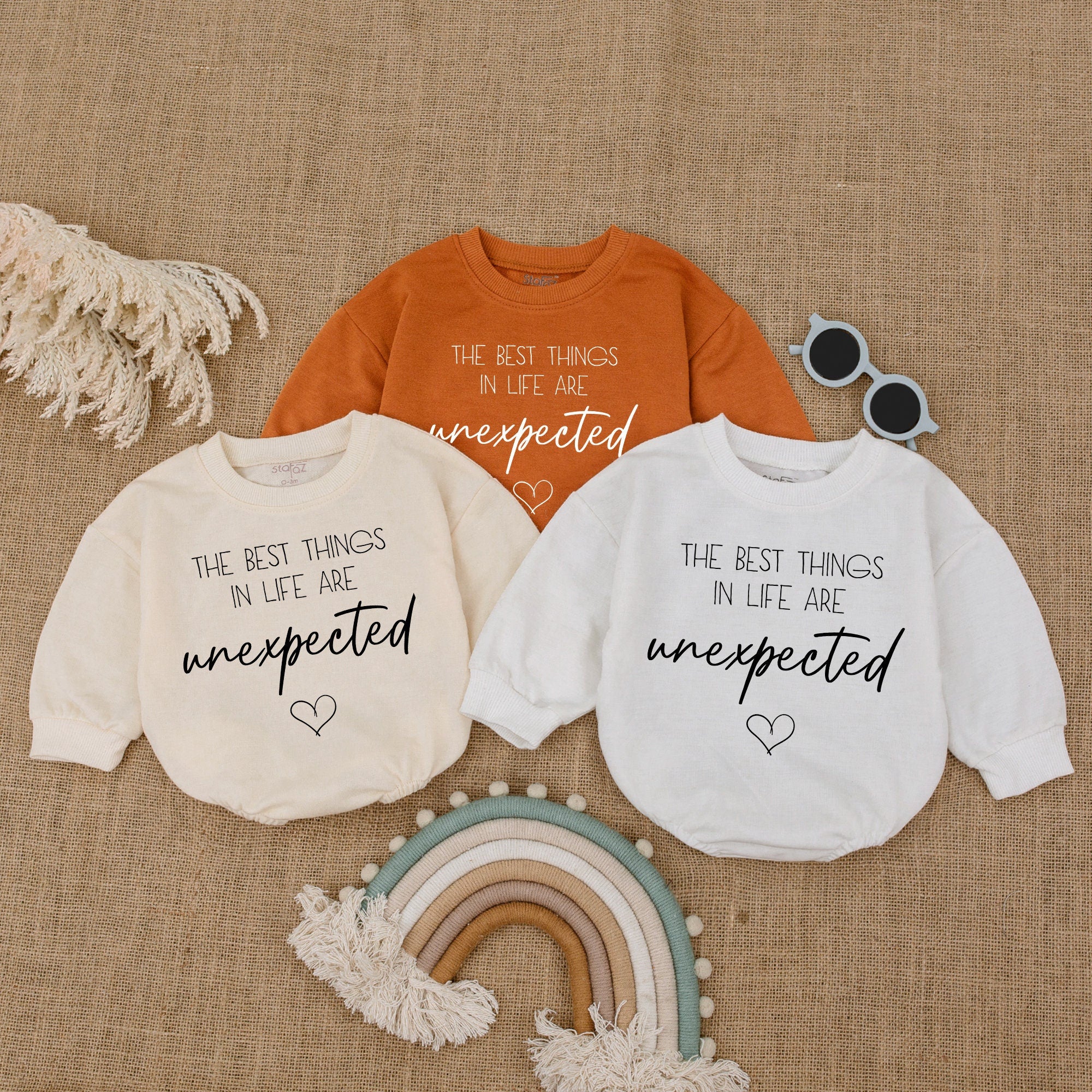 The Best Things in Life Are Unexpected Baby Romper Heart Design Pregnancy Announcement Gift Boy Toddler Soft Cotton Outfit