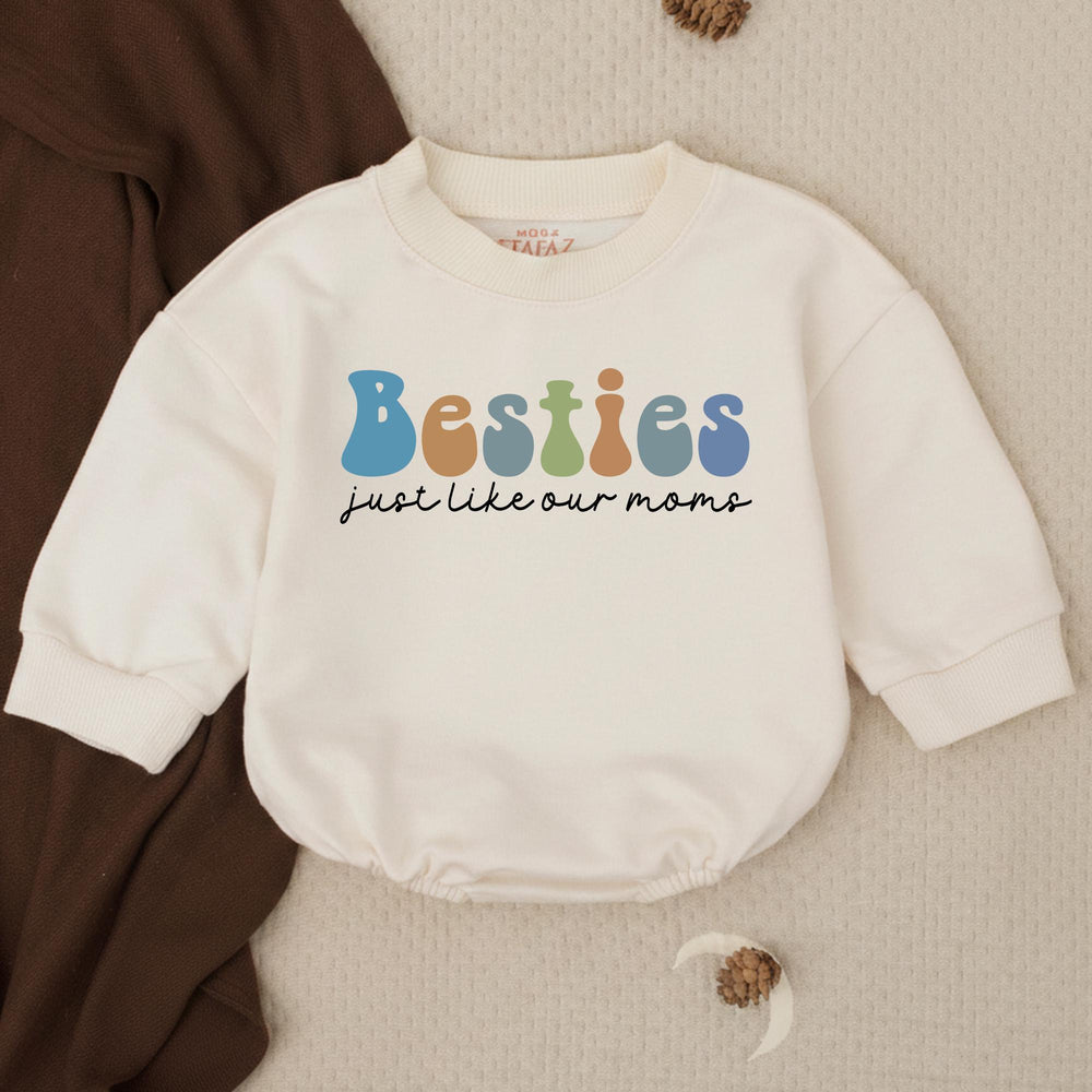 Besties Just Like Our Moms Baby Bubble Romper Retro 70s Design Cute Toddler Outfit Soft Cotton Infant Gift Playful Earthy Colors